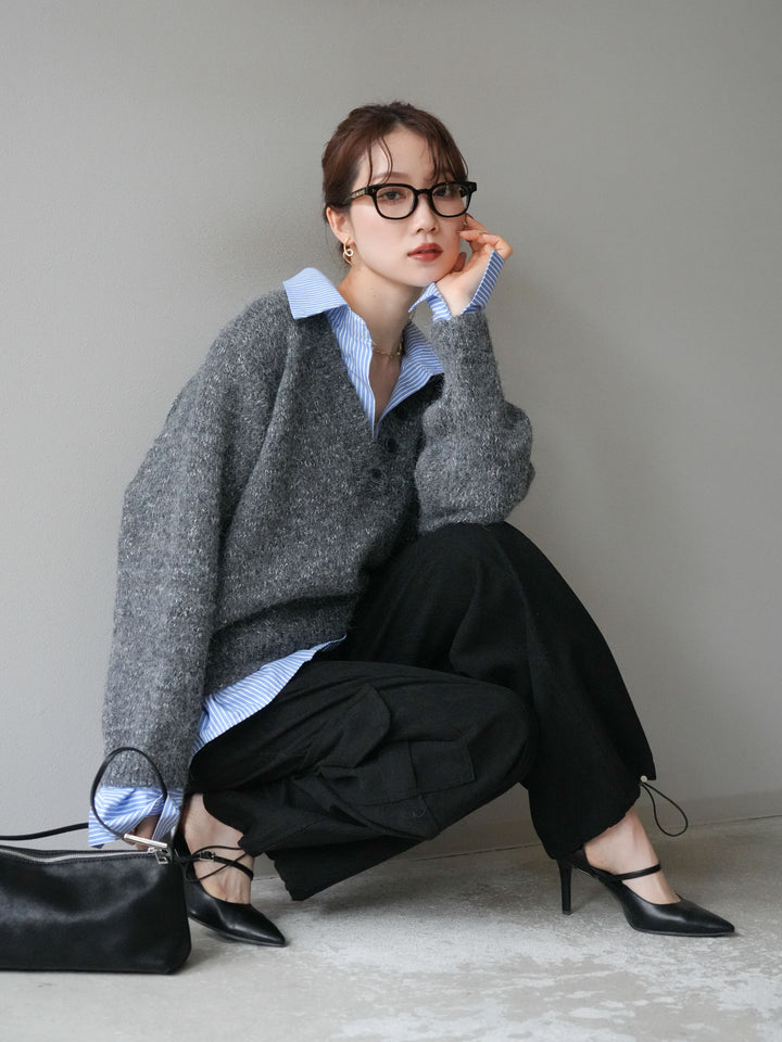 [SET]ストライプシャツドッキングMIXヤーンニットプルオーバー+ベルト付コーデュロイカーゴパンツ(2set)