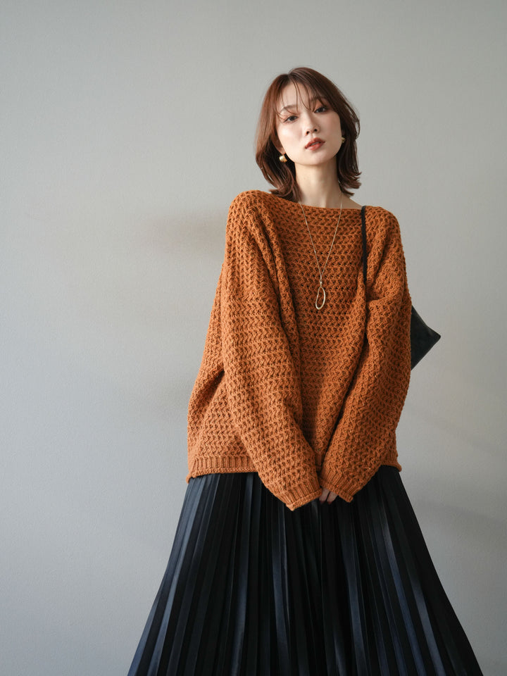 [予約]ネップ透かし編みオーバーニット/camel