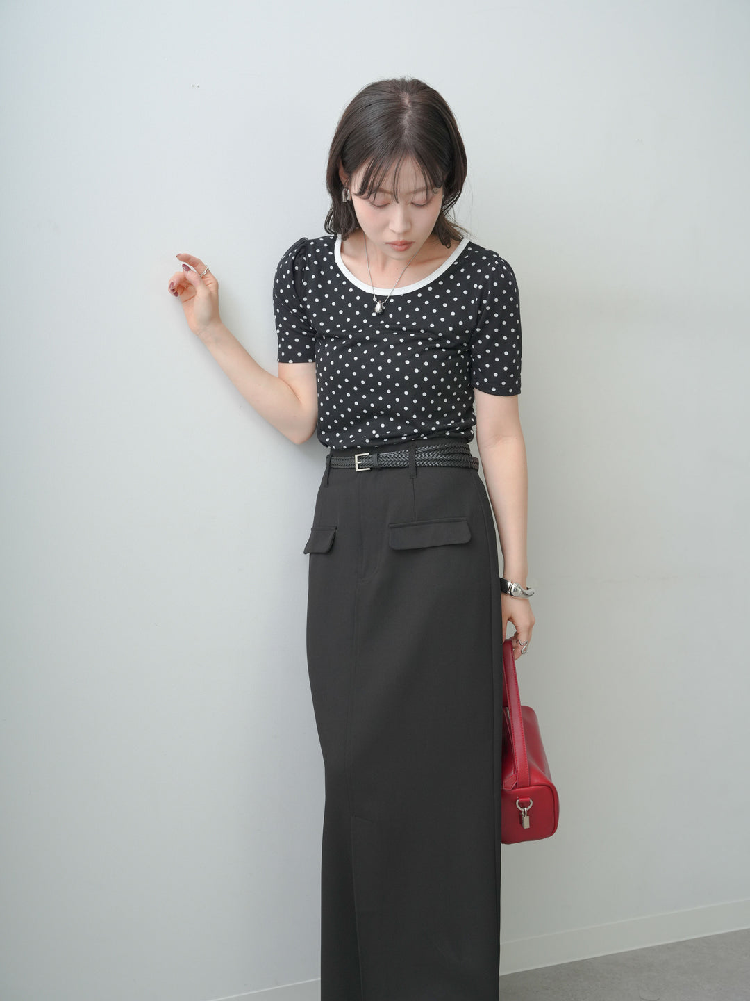 [SET]前後2wayドットバイカラーパイピングTEE+クレープデシンフラップ付きストレートスカート(2set)