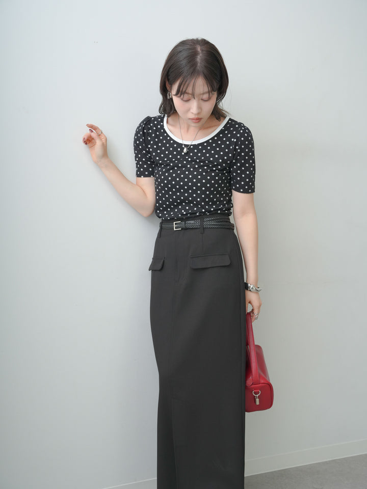 [SET]前後2wayドットバイカラーパイピングTEE+クレープデシンフラップ付きストレートスカート(2set)