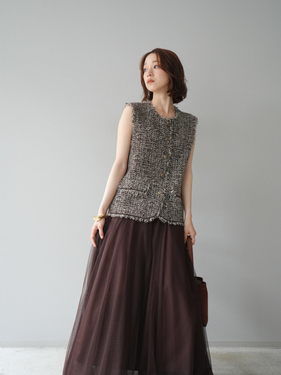 [予約]ミックスツイードフリンジニットベスト/ブラウン