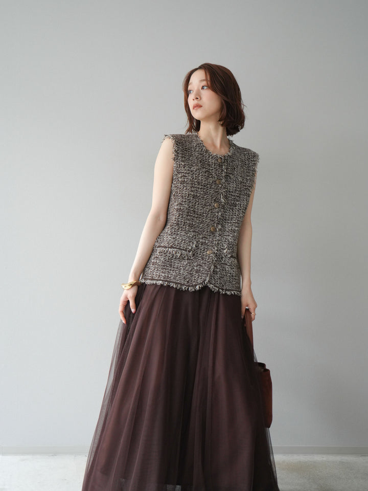 [予約]ミックスツイードフリンジニットベスト/ブラウン