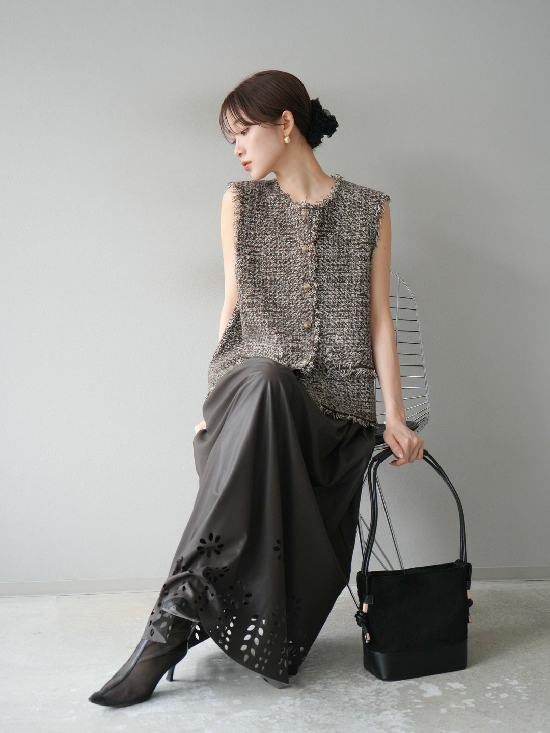 [予約]ミックスツイードフリンジニットベスト/ブラウン