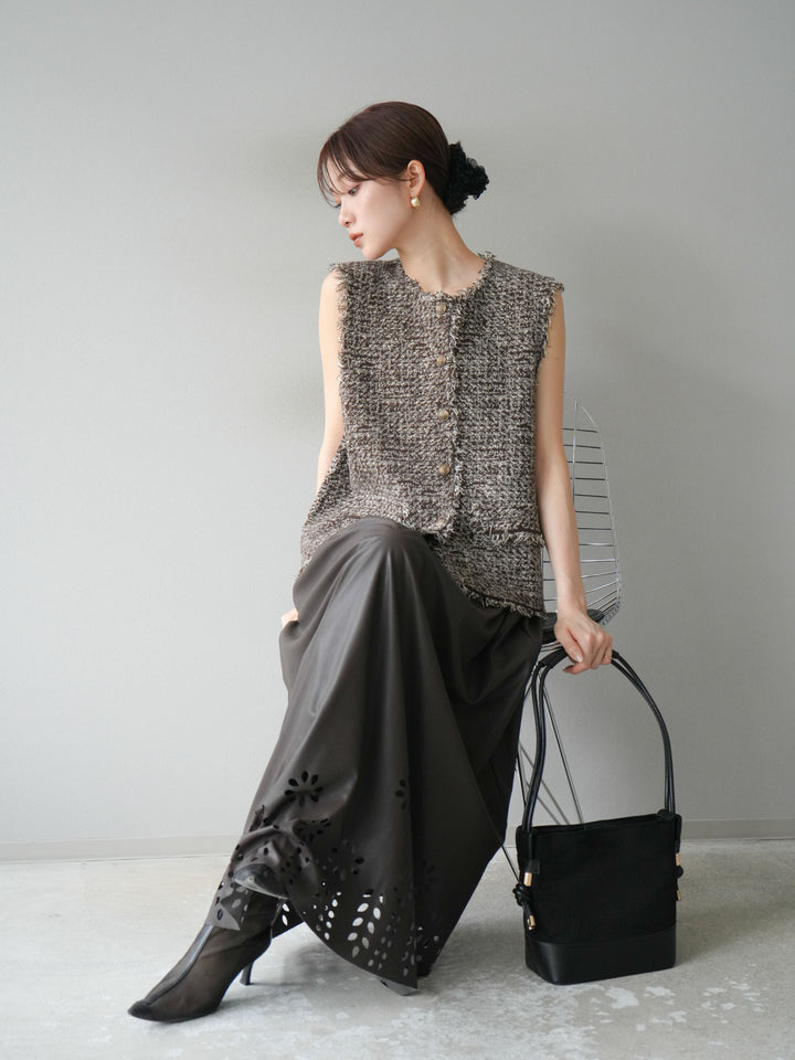 [予約]ミックスツイードフリンジニットベスト/ブラウン