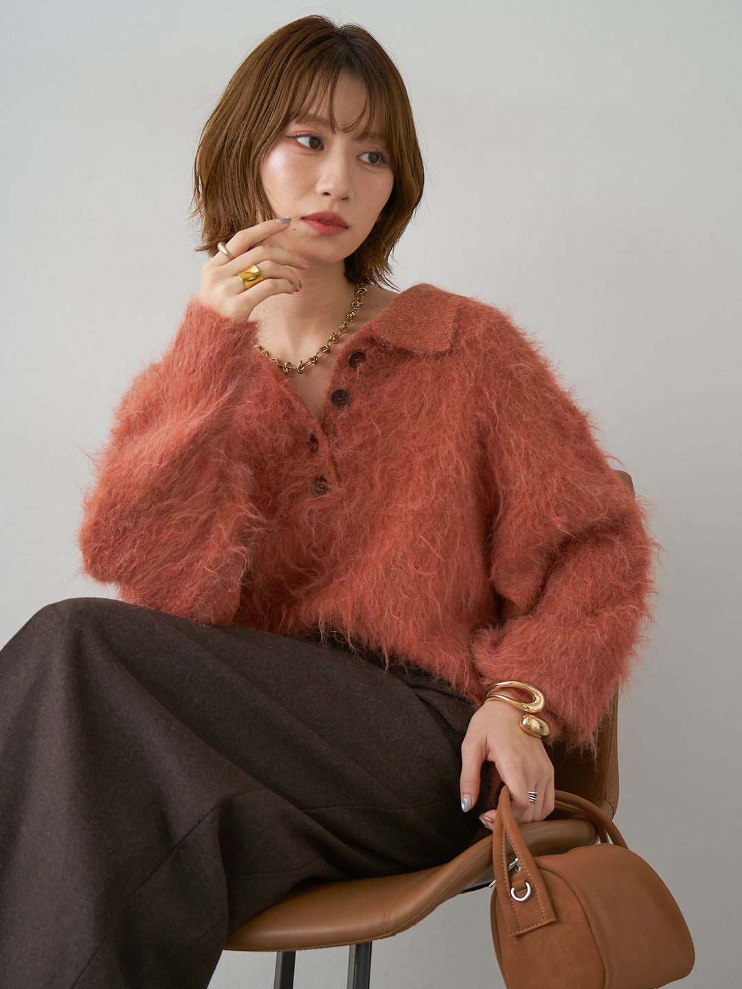 [SET]ヘンリーシャギーニットトップス+メルトンフラップ付ストレートスカート(2set)