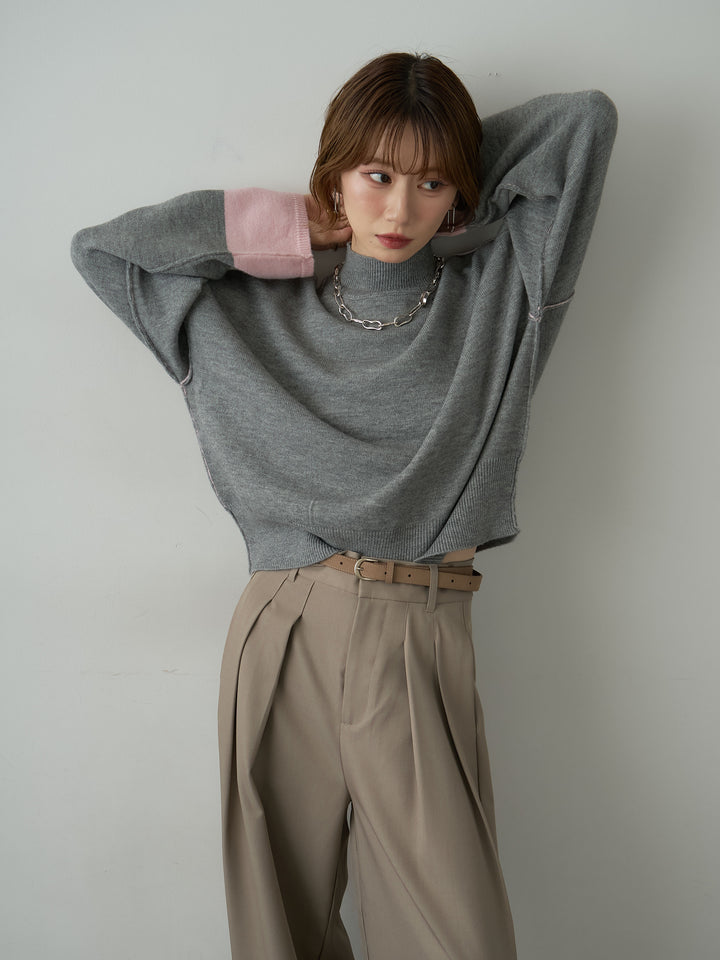 [SET]バイカラートリムワイドハイネックニットトップス+ツイルタックワイドパンツ(2set)