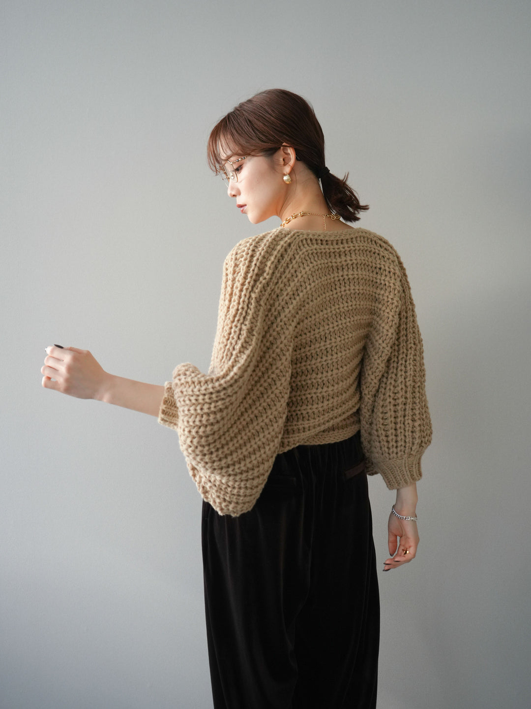 [予約]ローゲージ畦編みドルマンニットボレロ/beige