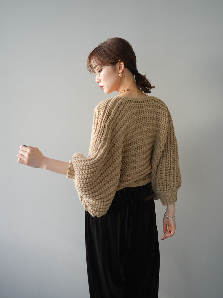 [予約]ローゲージ畦編みドルマンニットボレロ/beige