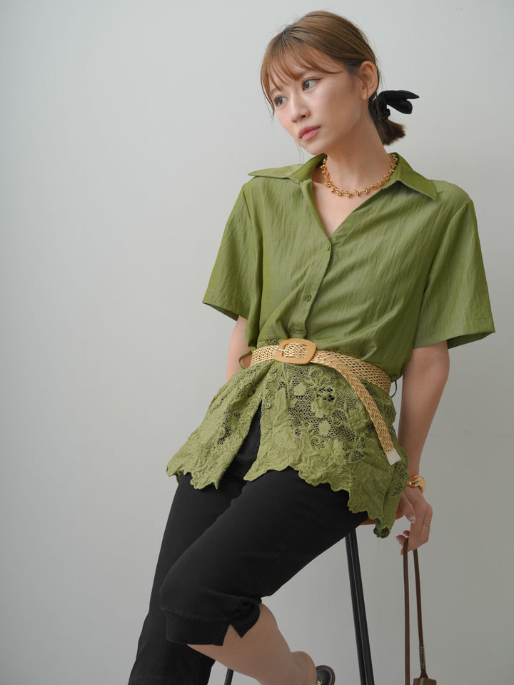[予約]ベルト付レースドッキング半袖シャツブラウス/green