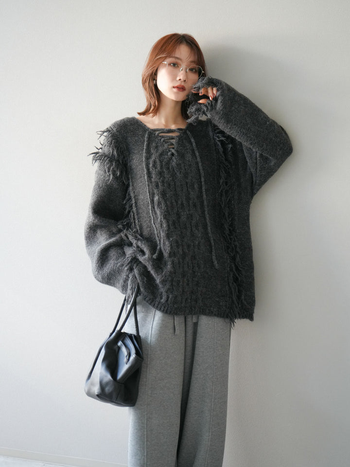 [予約]レースアップフリンジニットプルオーバー/gray