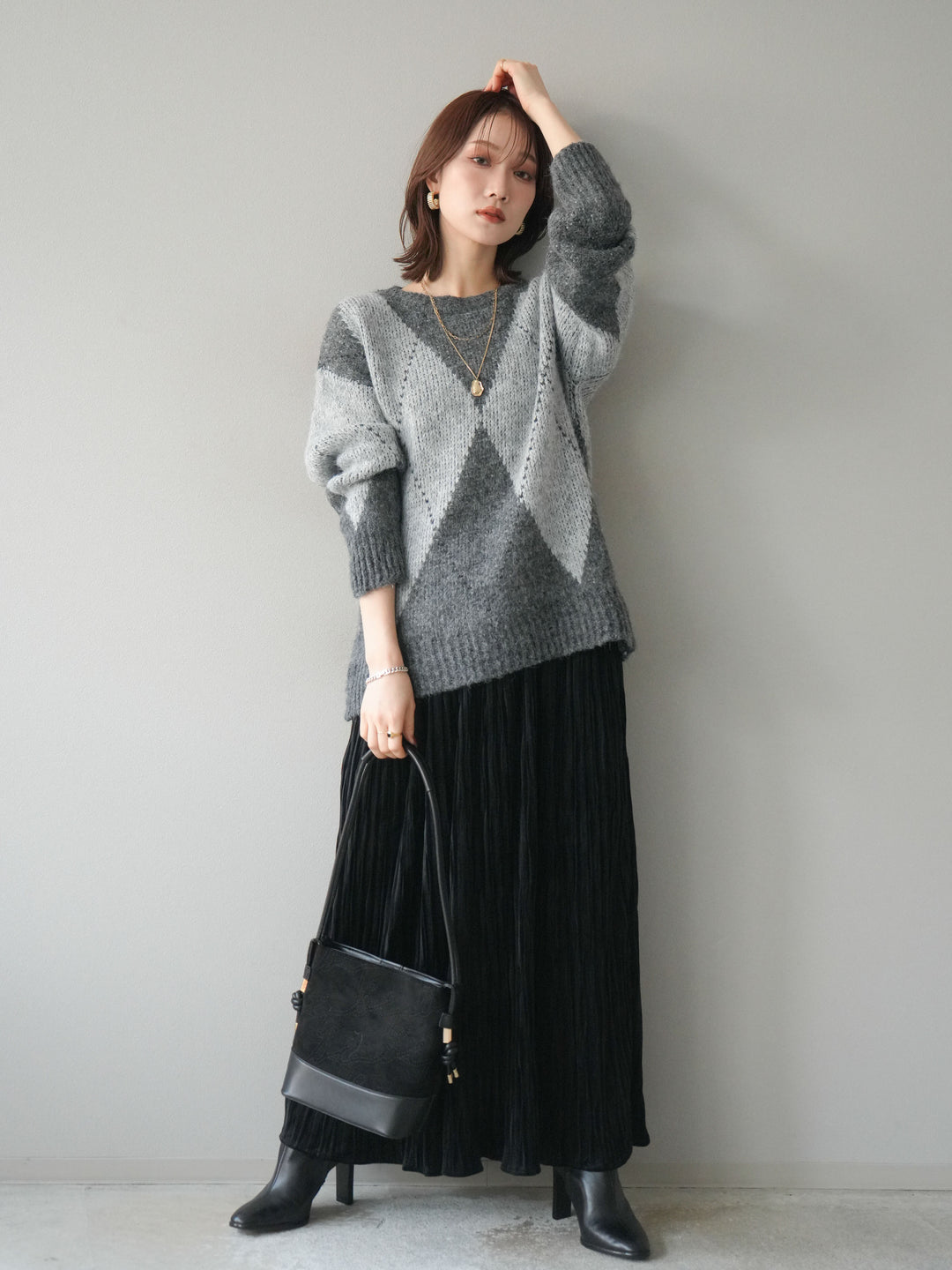 [SET]アーガイルオーバーニットプルオーバー+スエードワッシャープリーツスカート(2set)