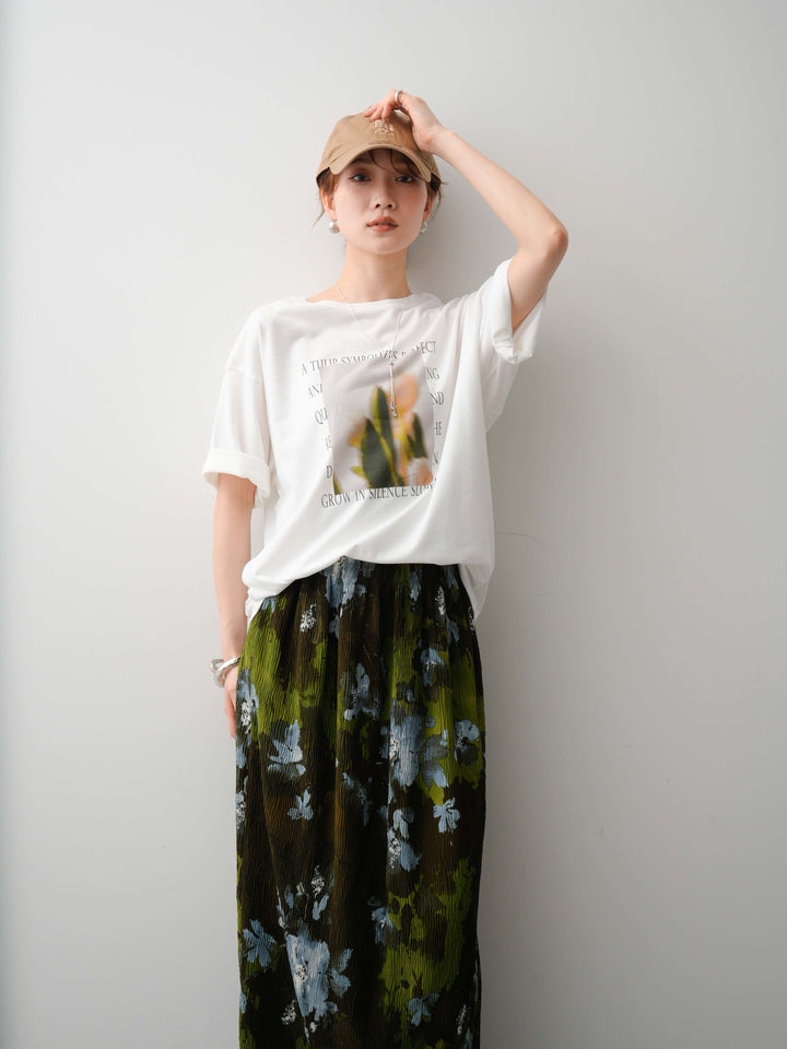 【着回しセット】フラワーフォトTEE+フラワープリントドレープタックパンツ+フラワープリントIラインギャザースカート(3set)