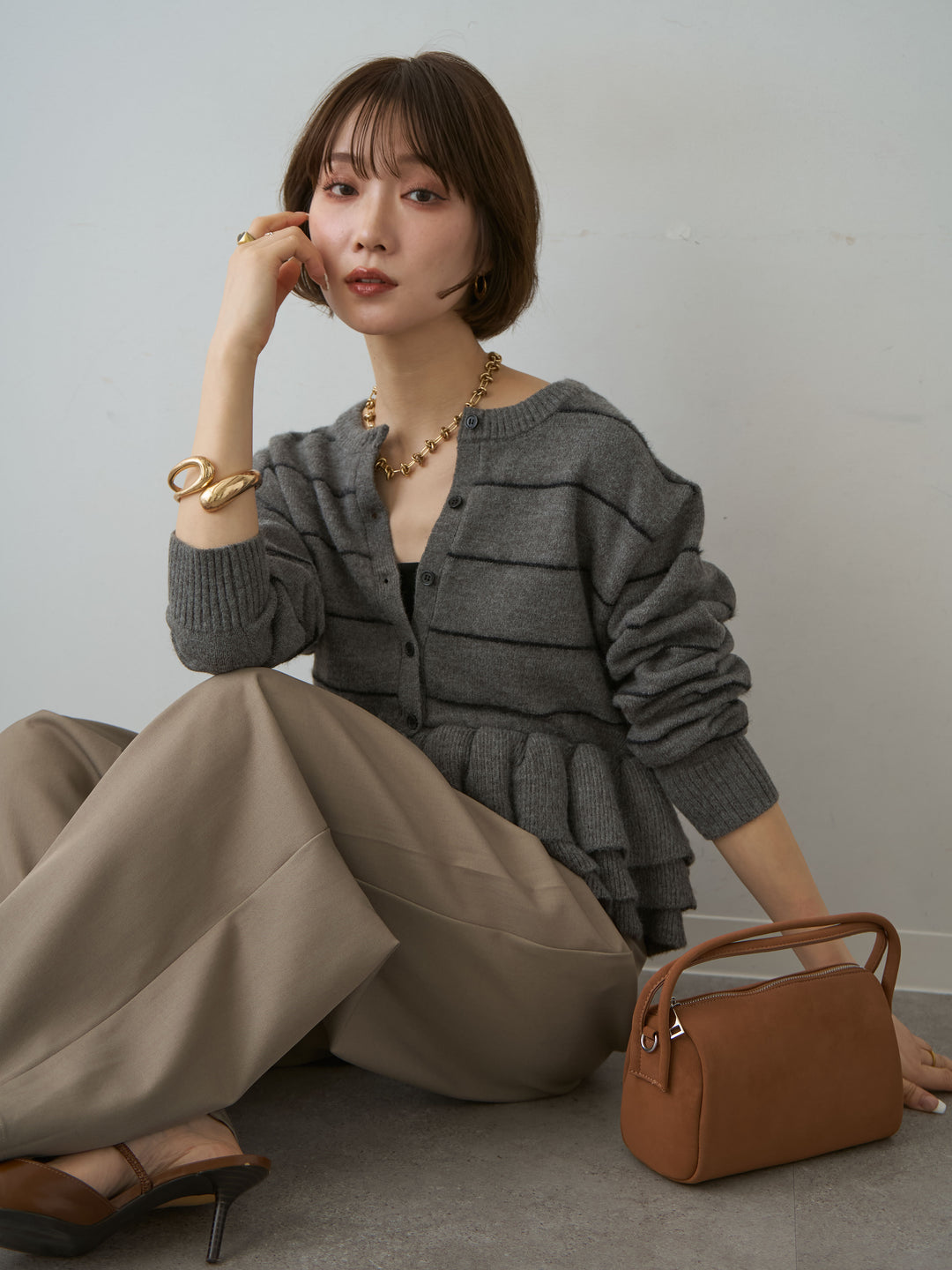 [SET]フェザーボーダーフリルカーディガン+ツイルタックワイドパンツ(2set)