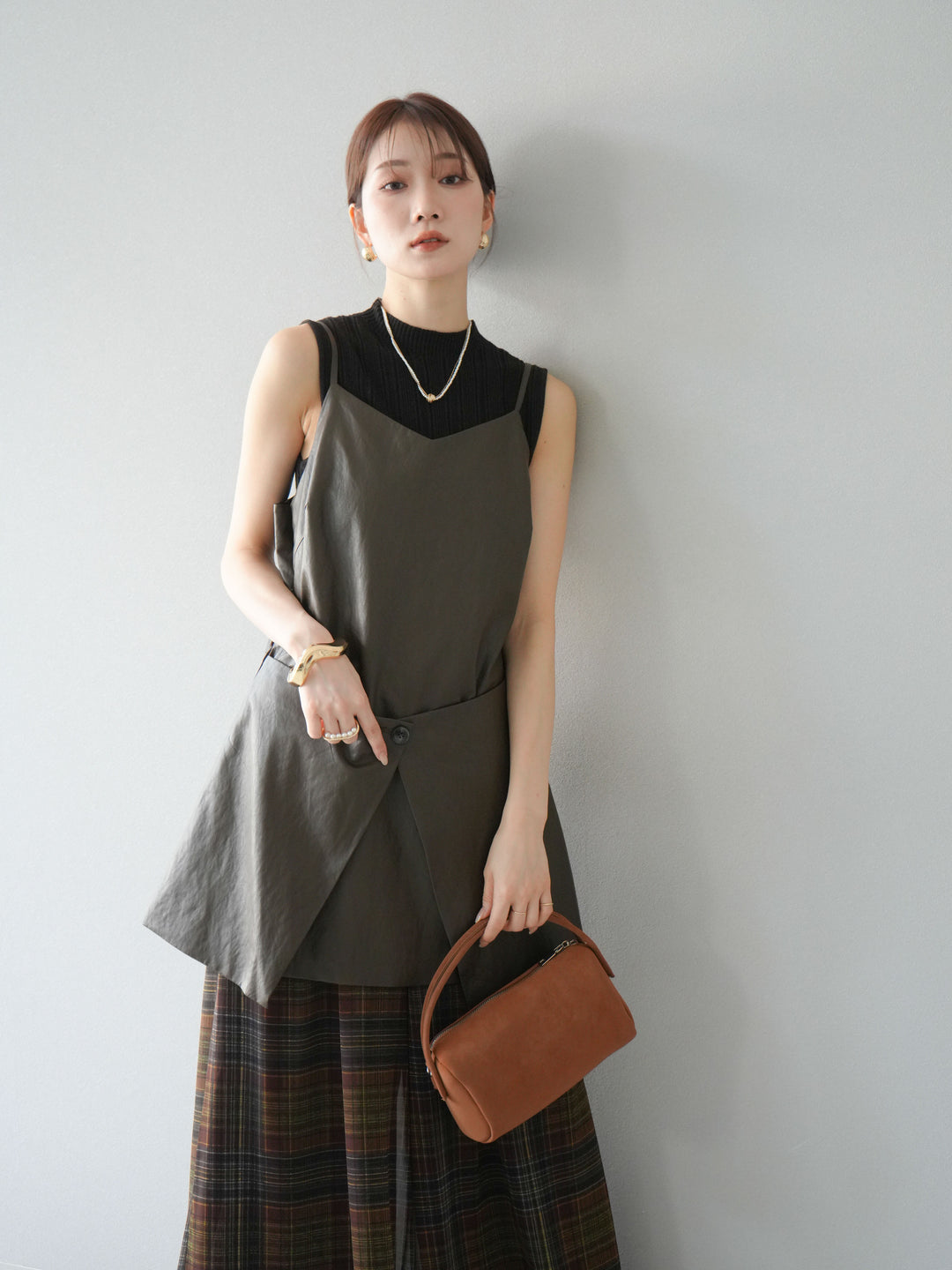 [予約]レイヤードレザーキャミソールチュニック/ブラウン