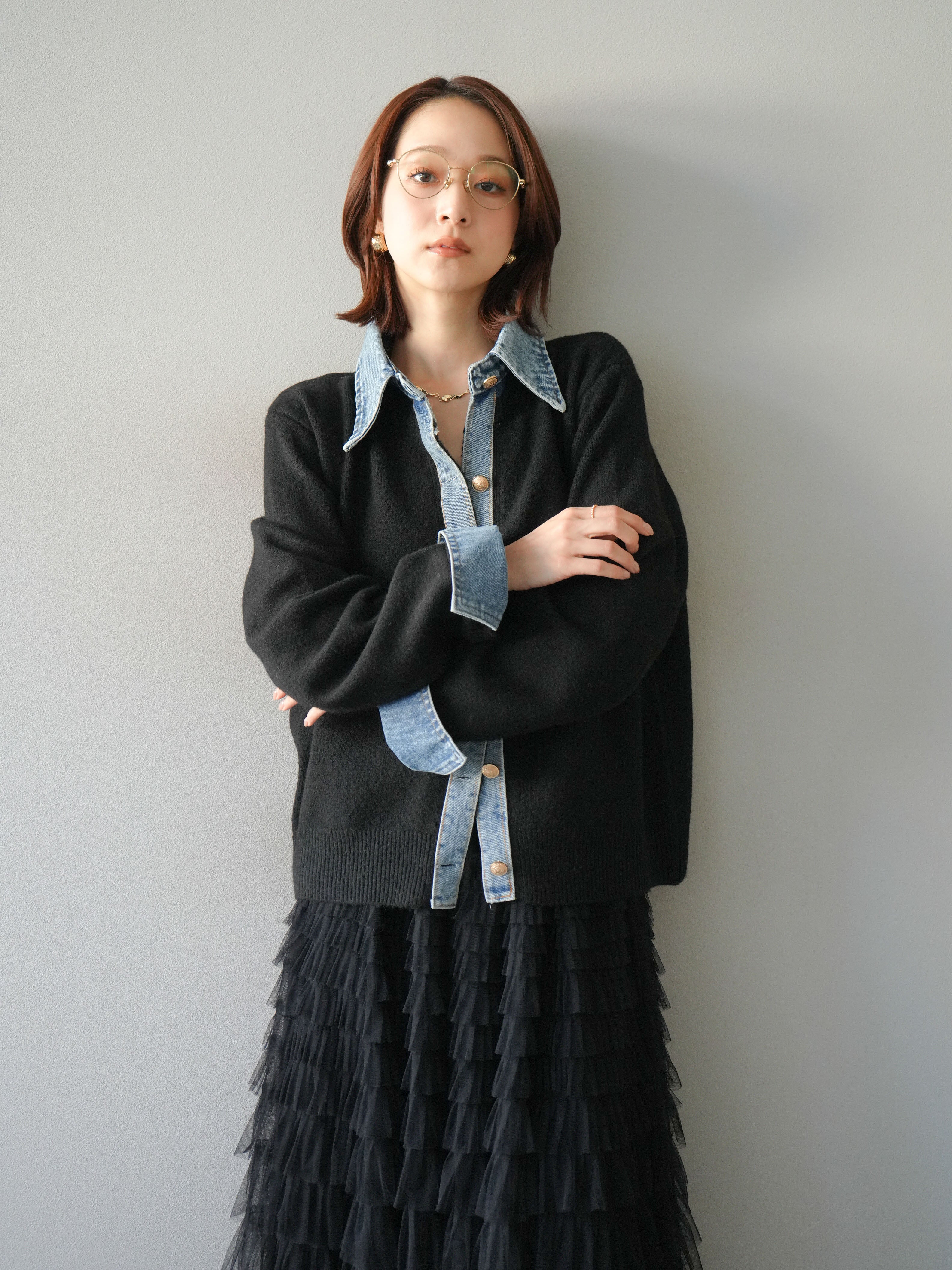 予約]デニム襟ボタンニットカーディガン/black – Lumier