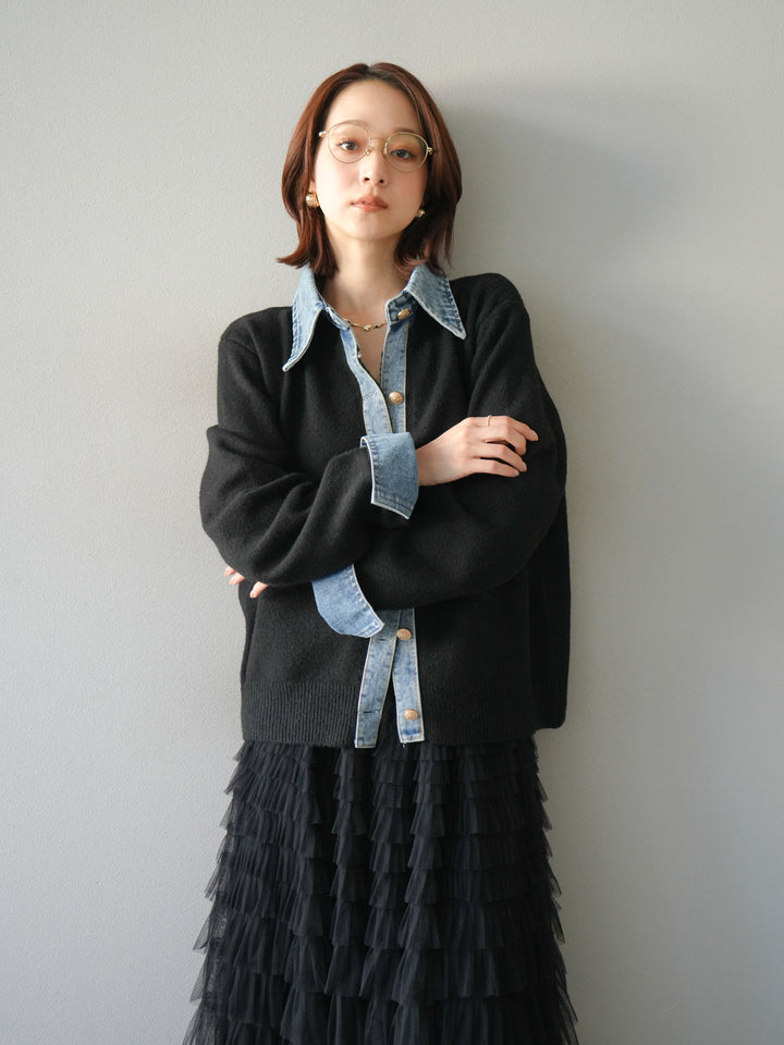 [予約]デニム襟ボタンニットカーディガン/black