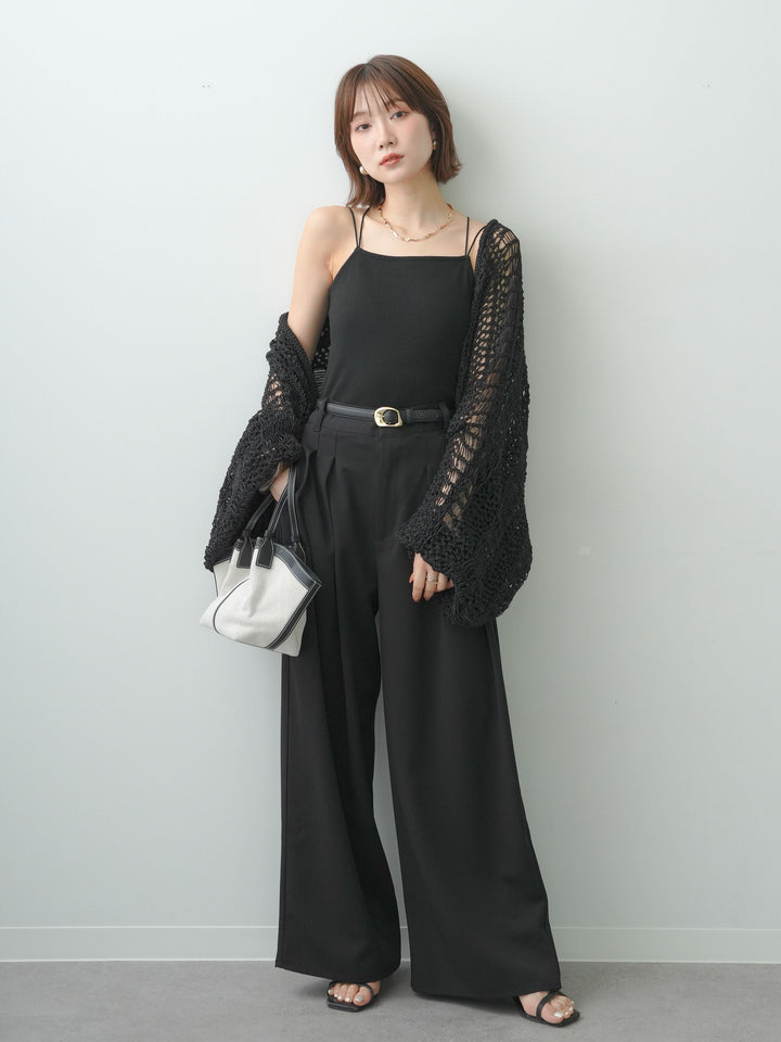 [SET]ミックスメッシュニットボレロ+カップ付きバッククロスキャミソール+クレープデシンタックワイドパンツ(3set)