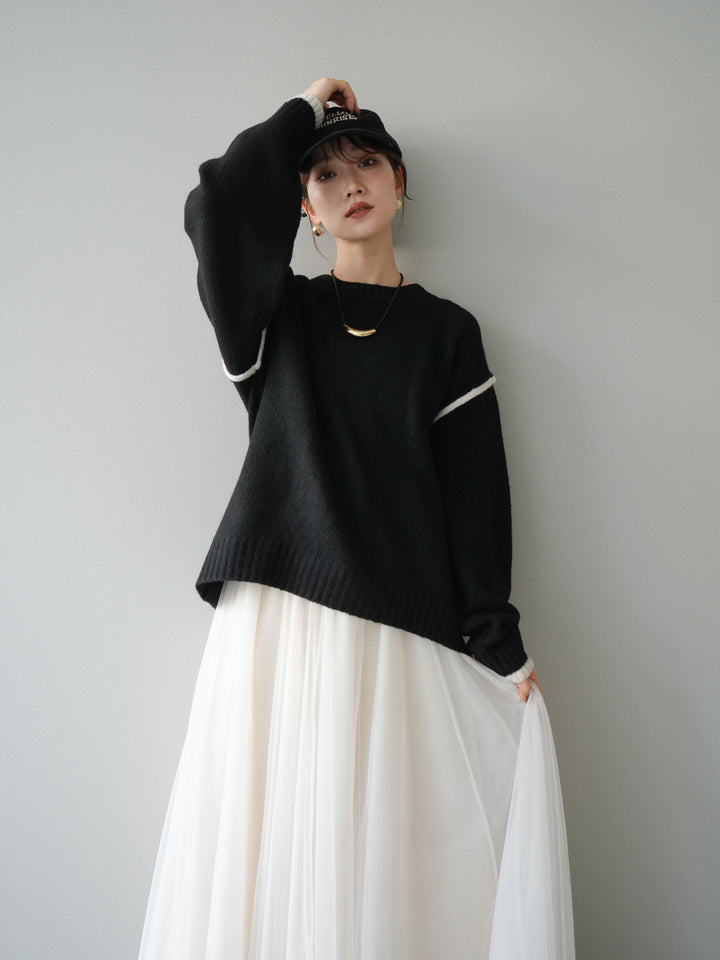 [予約]バイカラーパイピングニットプルオーバー/black