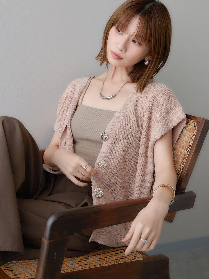 [SET]ゴールドボタンリブニットベスト+クレープデシンタックワイドパンツ(2set)