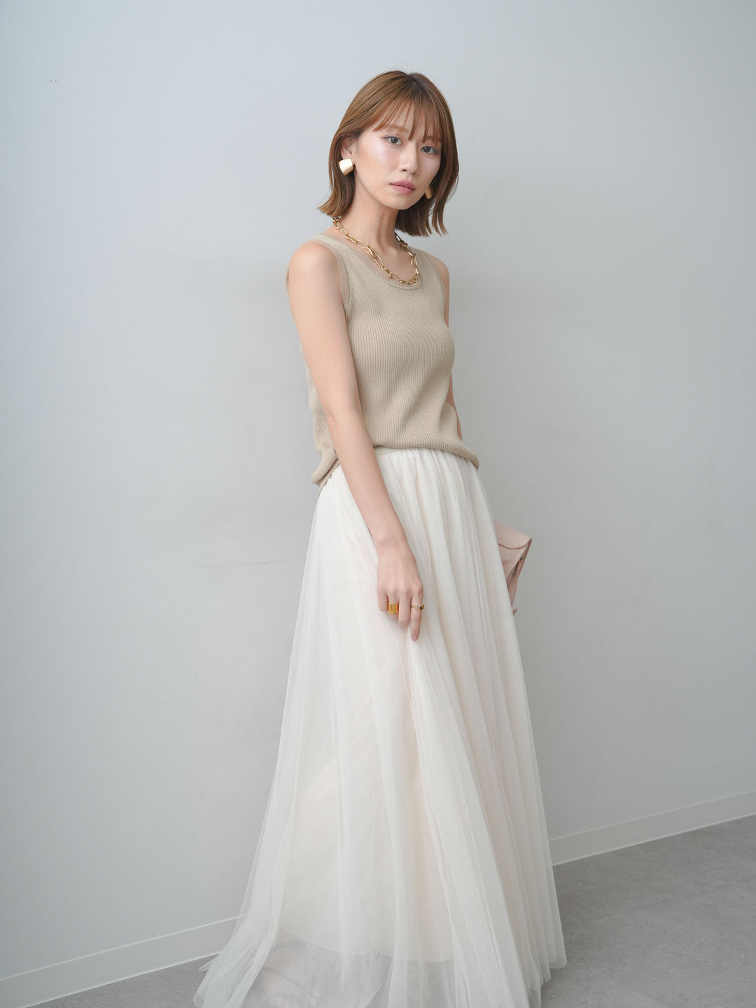 [SET]チュールトリムリブニットタンクトップ+チュールボリュームスカート(2set)