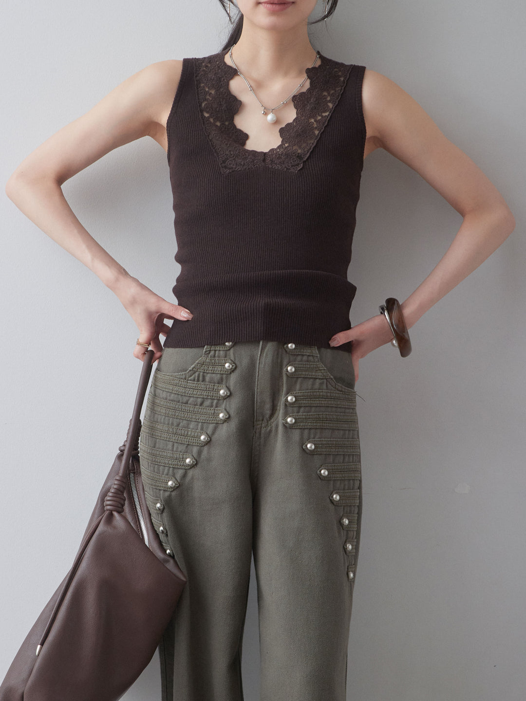 [予約]レースディテールリブニットタンクトップ/brown
