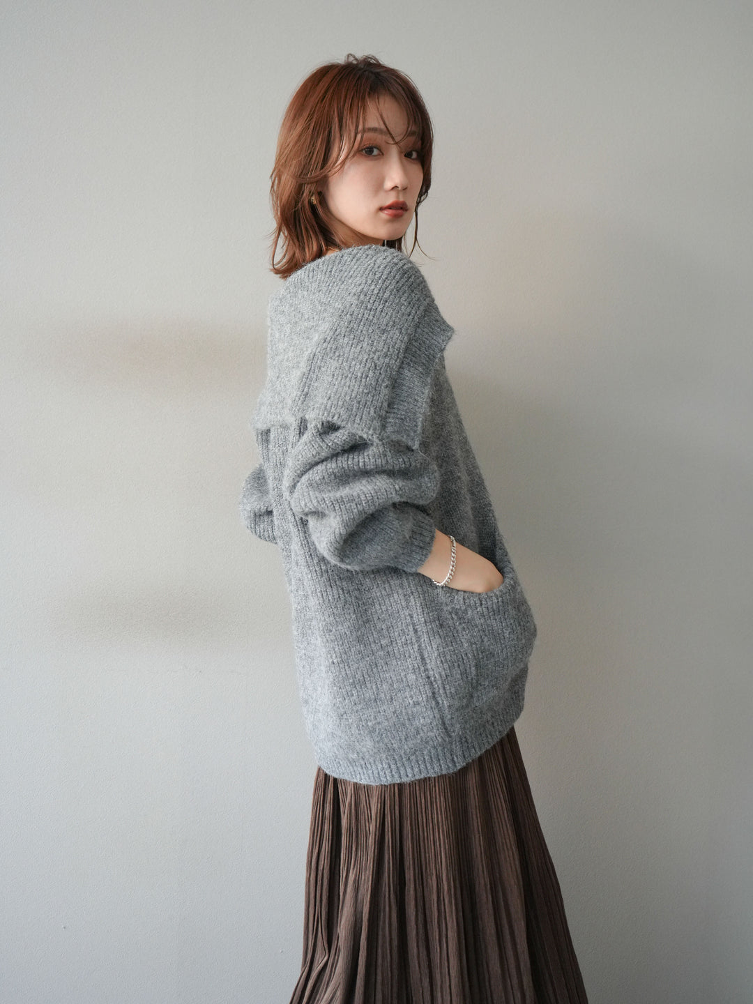 [予約]襟付きボタンオーバーニットカーディガン/gray