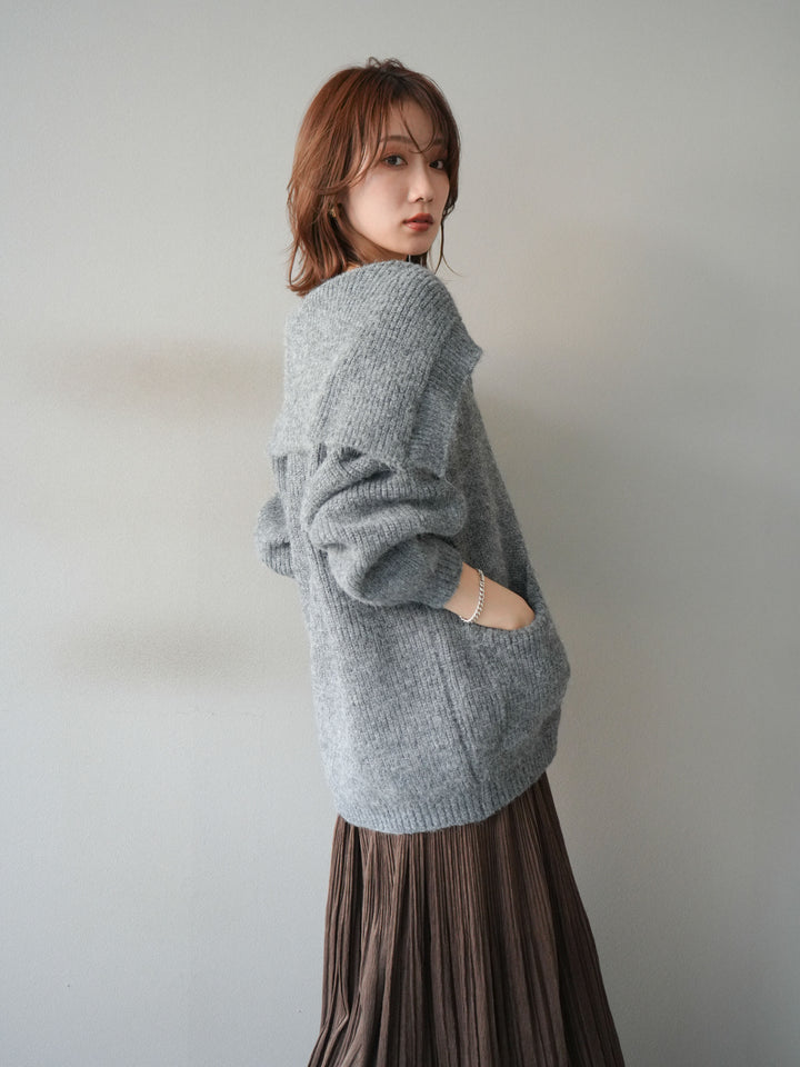 [予約]襟付きボタンオーバーニットカーディガン/gray
