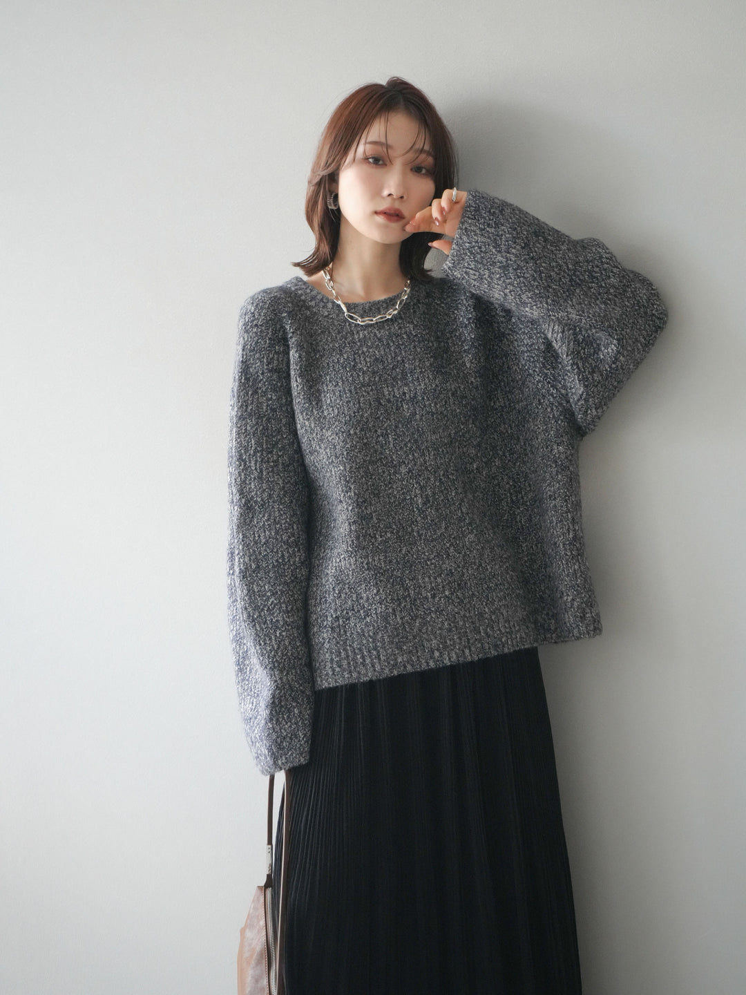 [予約]クルーネック畦編みミックスニット/navy