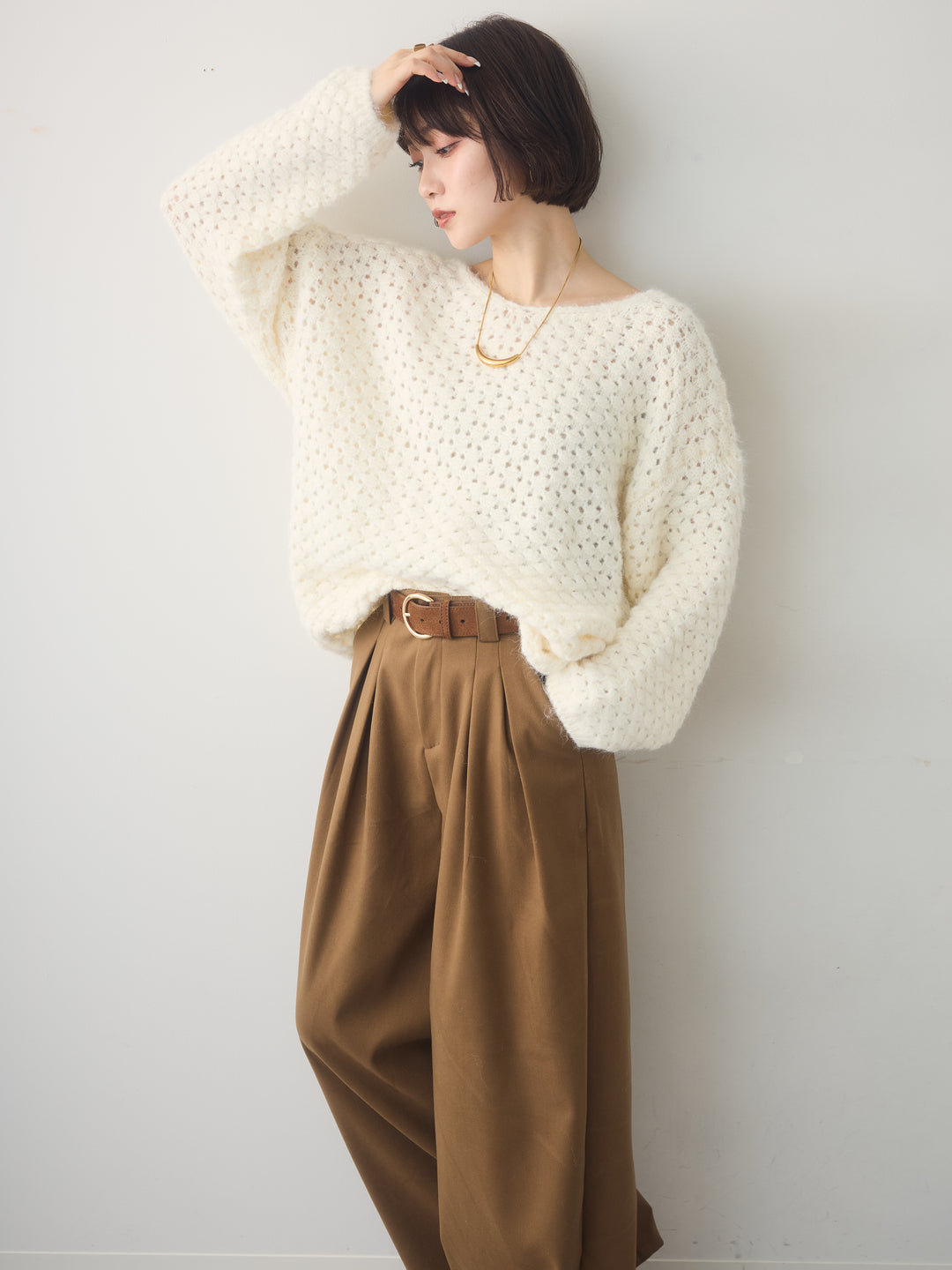 [SET]ニットベルト付ポップコーンプルオーバー+ダブルタックドレープストレートワイドパンツ(2set)