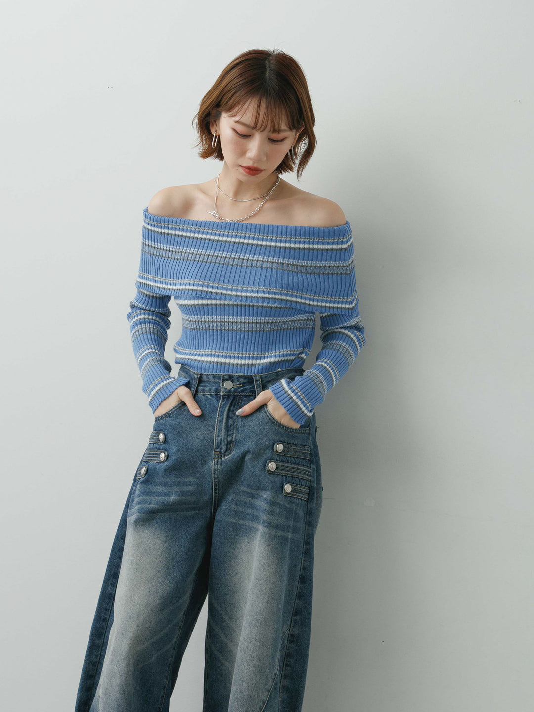 [予約]マルチボーダーオフショルニットトップス/blue