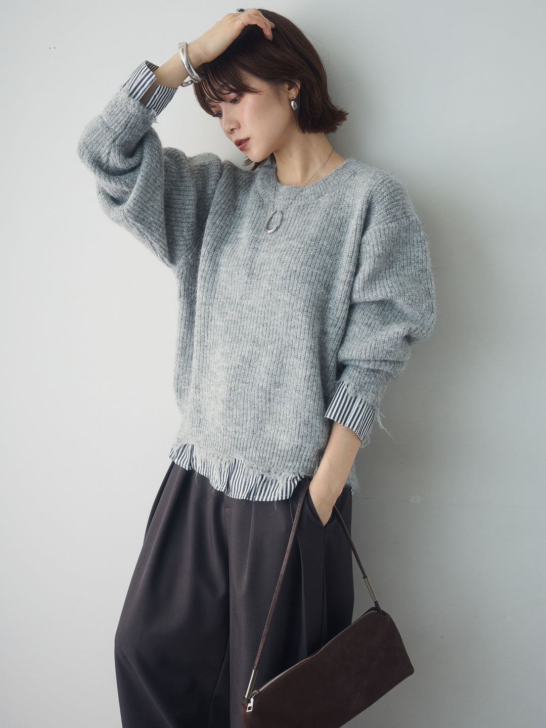 [SET]シャツレイヤードデザインモヘアプルオーバー+ツイルタックワイドパンツ(2set)