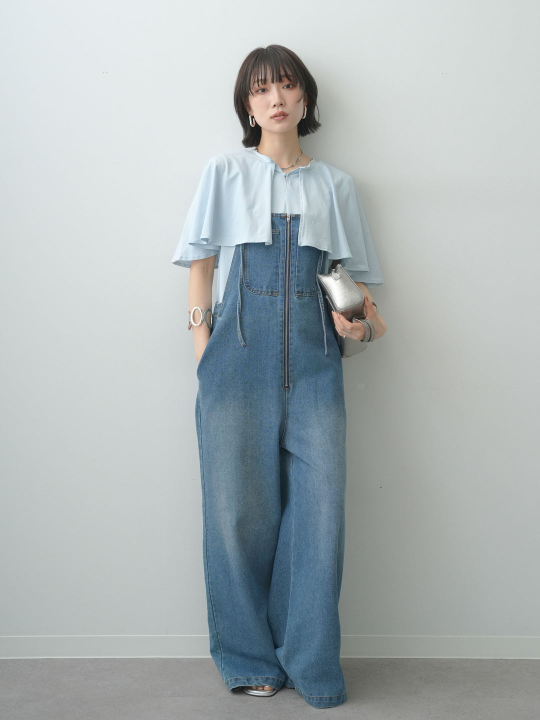 [SET]前後2wayケープTEE+フロントジップデニムサロペット(2set)