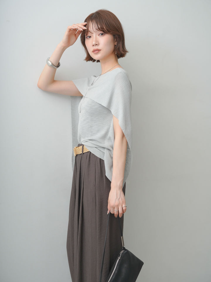 [SET]ショルダーレイヤードシアーニットトップス+ベルト付イージーフレアワイドパンツ(2set)