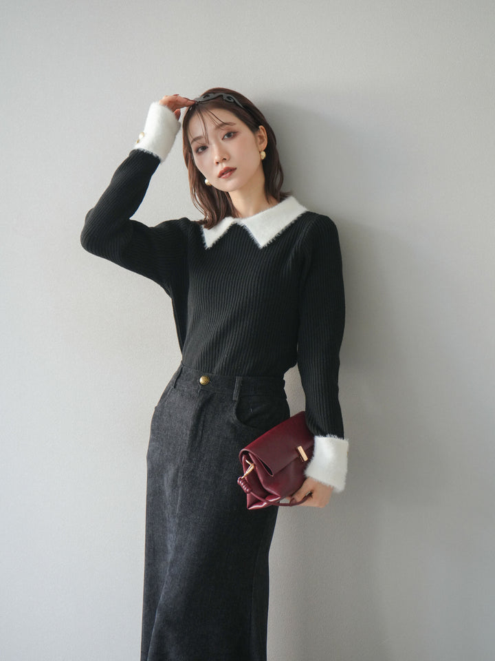 [SET]シャギー襟リブニットトップス+ベルベットマーメイドスカート(2set)