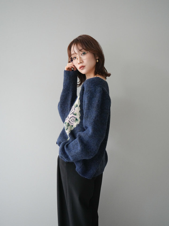 [予約]アンティークフラワージャガードニットカーディガン/navy