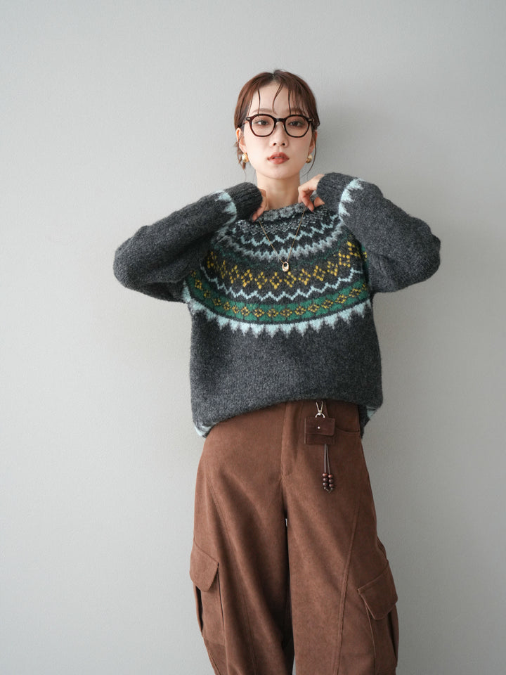 [予約]ウールタッチ求心柄オーバーニットプルオーバー/gray