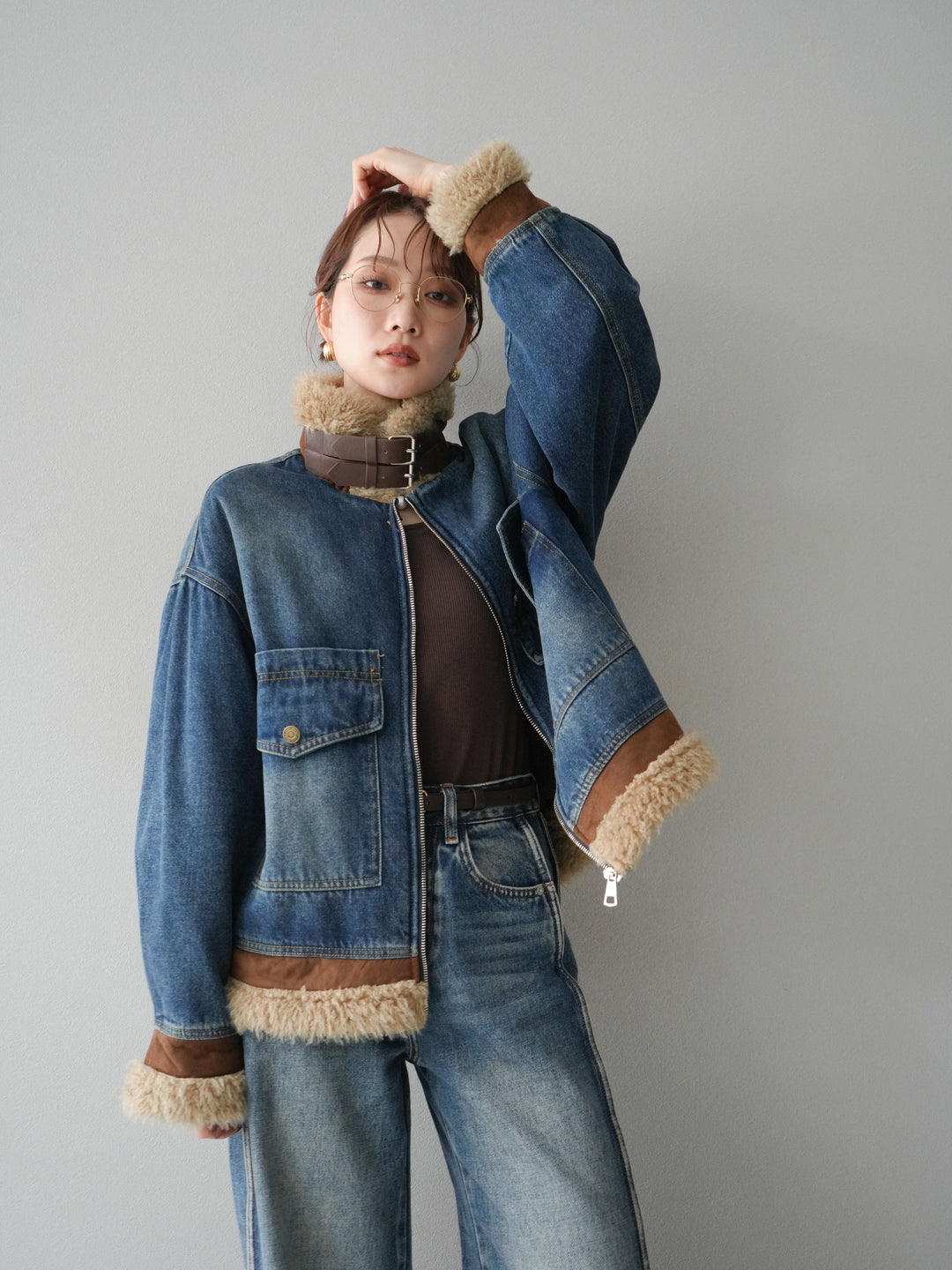 [予約]スタンドカラーファー×デニムジャケット/blue