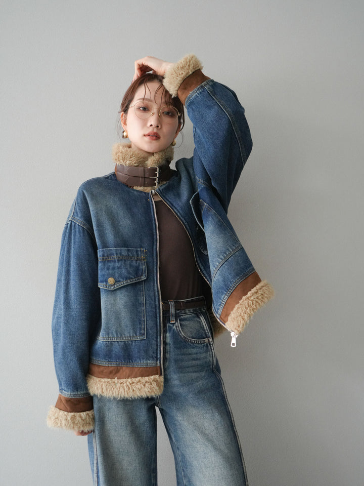 [予約]スタンドカラーファー×デニムジャケット/blue