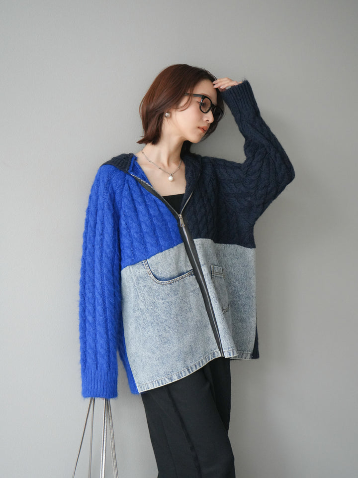 [予約]デニム×バイカラーニットZIPフーディ/blue