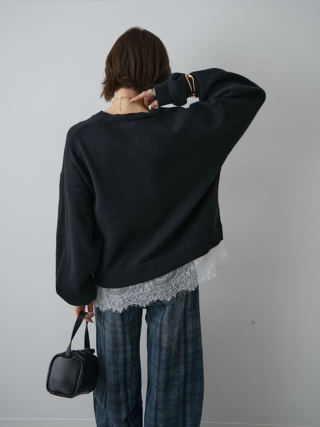[SET]アルパカタッチレースドッキングVネックニットトップス+選べるアクセセット(2set)