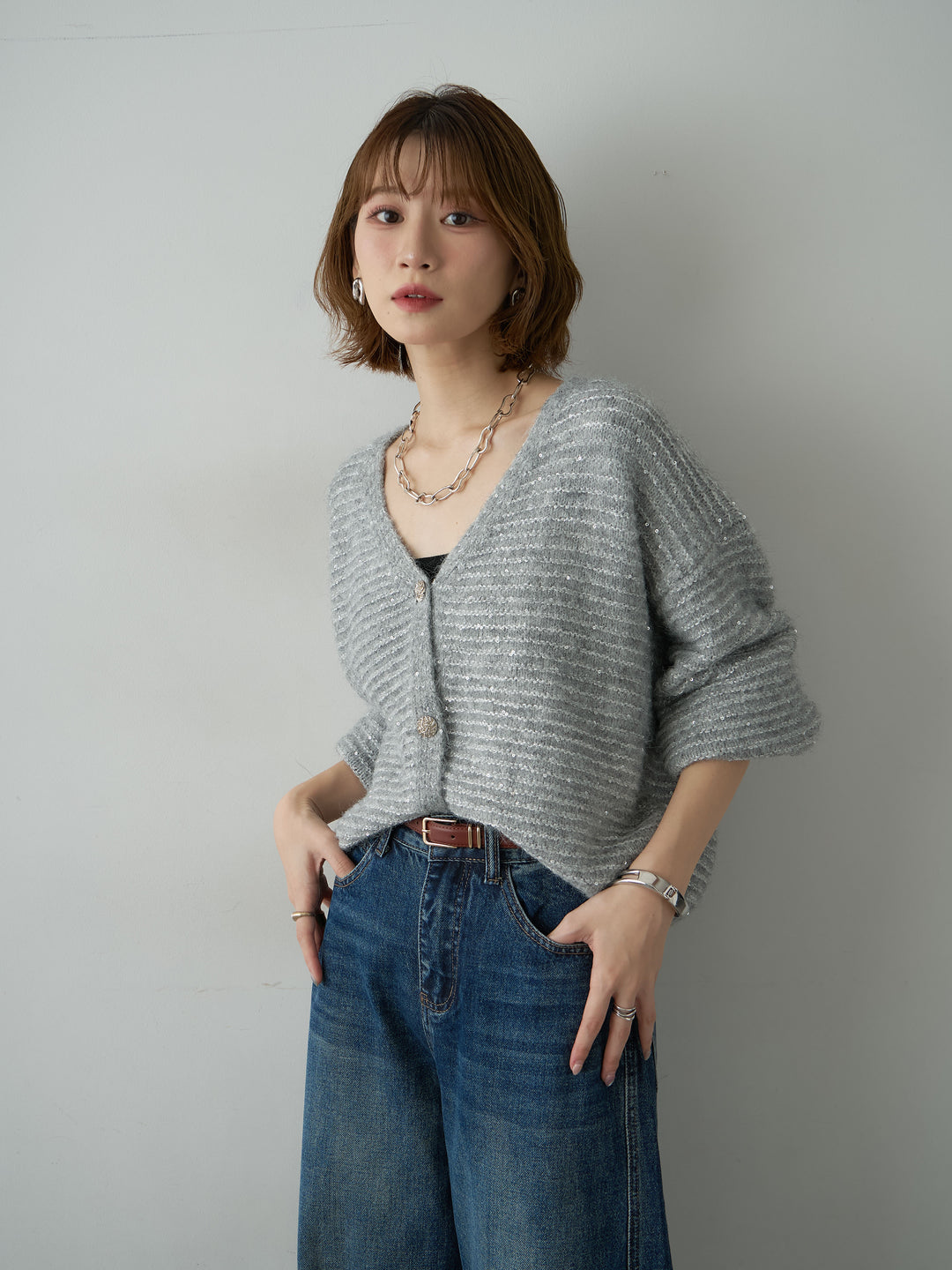 [SET]スパンコールデザインボタンカーディガン+スパンコールデザインボタンカーディガン(2set)