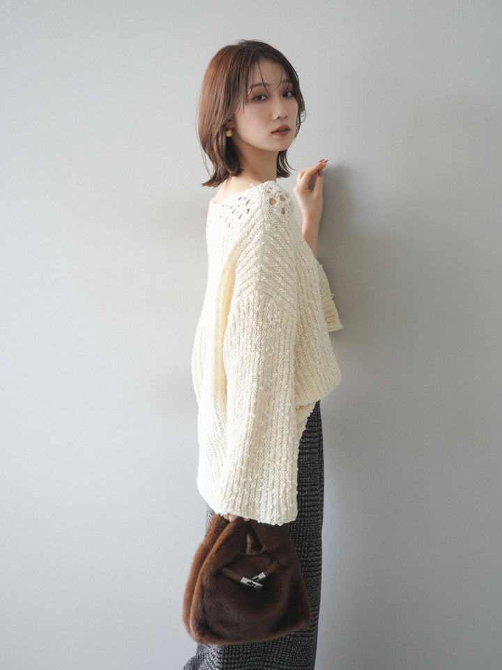 [予約]ボートネック透かし編みニットプルオーバー/white