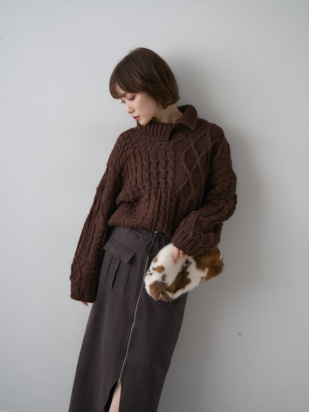 [SET]ネックボタンミックスケーブルニットトップス+選べるアクセセット(2set)