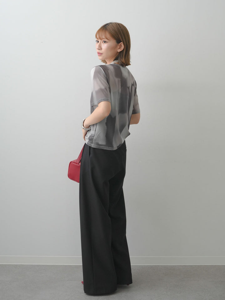 [SET]水彩アートシアーTシャツ+アシンメトリーベルトタックワイドパンツ(2set)