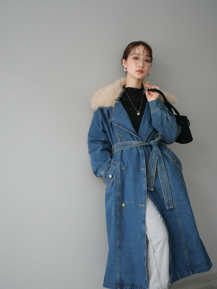 [予約]ファー襟デニムロングコート/blue