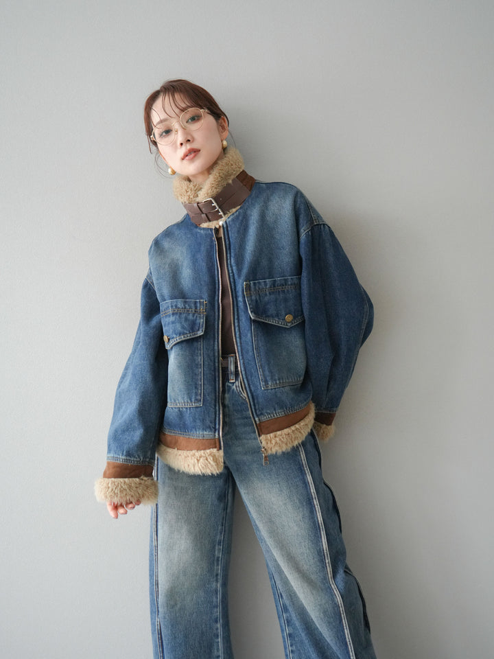 [予約]スタンドカラーファー×デニムジャケット/blue