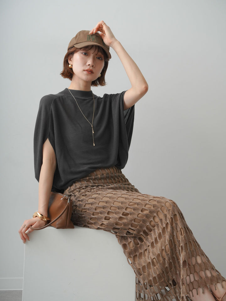 [SET]ボトルネックドロップショルダーニットトップス+スクエアメッシュニットIラインスカート