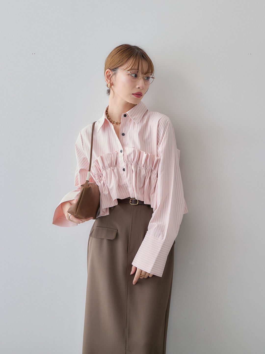 [SET]ストライプフリルシャツ+クレープデシンフラップ付きストレートスカート(2set)