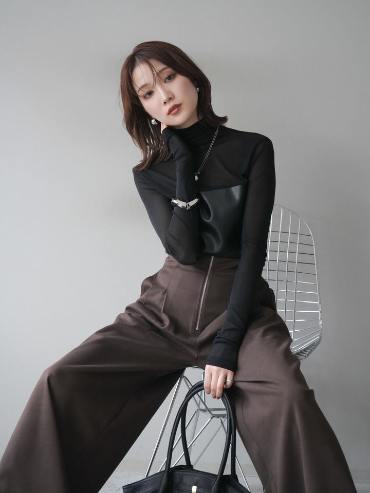 [予約]レザー切替プチネックシアートップス/black