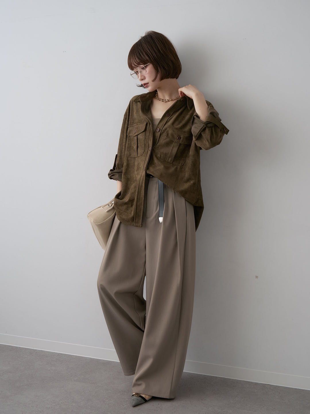 [SET]スウェードタッチWポケットシャツ+ツイルタックワイドパンツ(2set)